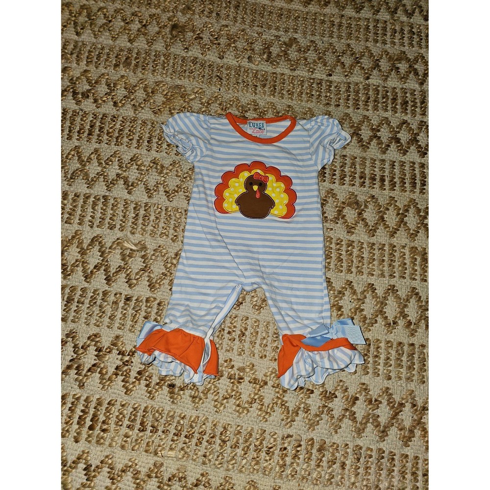 Lures and Lace Striped Turkey Print Ruffle Trimmed Romper NEWBORN